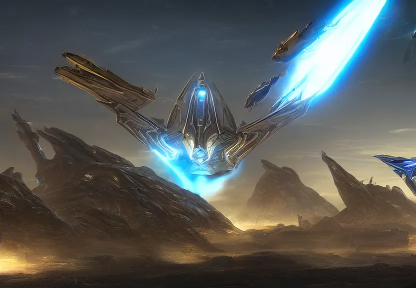 Image similar to protoss spaceship hovering above protoss city beautiful art uhd 4 k, artstation, hdr, 4 k, incredible detail, cinematic lighting, unreal engine 5