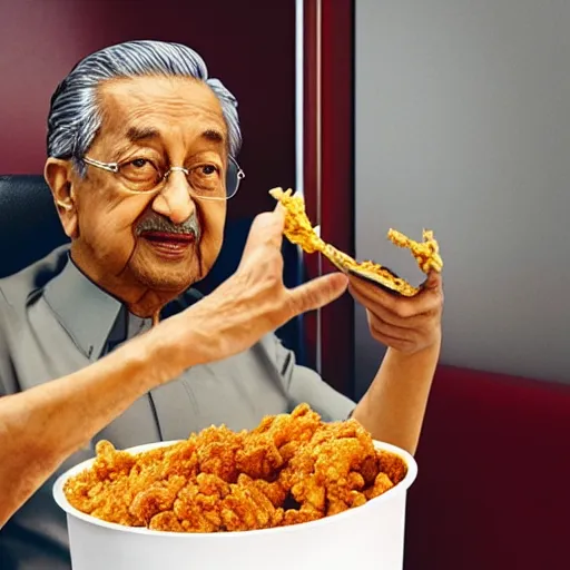 Image similar to Tun Mahathir mohammad eating a bucket of KFC , photorealistic 8k