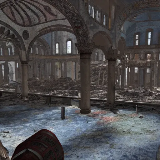 Prompt: the hagia sophia in istanbul in ruins post - nuclear war in fallout 4, in game screenshot