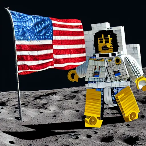 Image similar to squared head rooster building a man made of legos on the moon