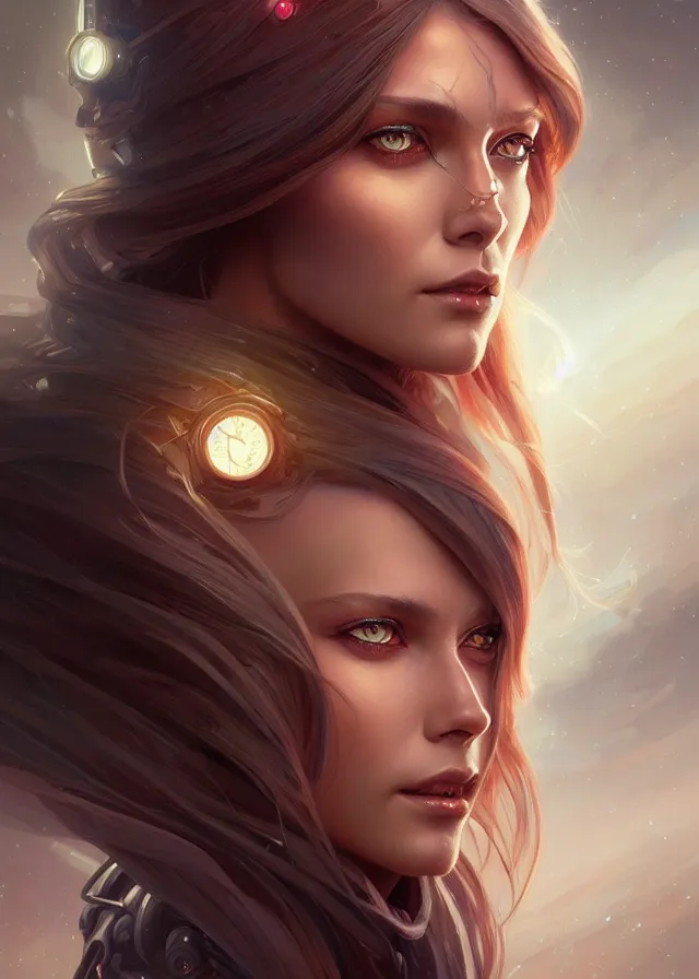 Image similar to futuristic woman portrait, sci-fi, amber eyes, face, long hair, fantasy, intricate, elegant, highly detailed, digital painting, artstation, concept art, smooth, sharp focus, illustration, art by artgerm and greg rutkowski and alphonse mucha