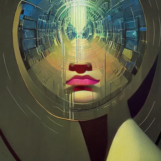 Image similar to detailed face of a woman, clockwork, moment, tectonic sky, skydome, bullet train, turbines, utopian, tech noir, wet reflections, prism, atmospheric, ambient, pj crook, syd mead, livia prima, emma uber, edward hopper