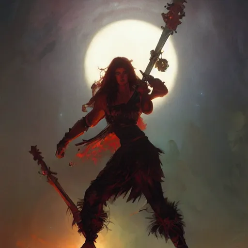 Prompt: Berserker warrior wielding a greataxe under a red moon, digital art, art by Alphonse Mucha, Greg Rutkowski, Alex Ross, WLOP, Artstation, 8K