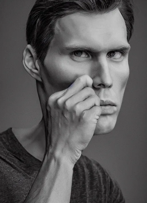 Image similar to photorealistic portrait photograph of jerma looking at you with a serious somber expression, twitch tv, jerma 9 8 5, pronounced cheekbones, strong jaw, depth of field, soft focus, highly detailed, intricate, realistic, national geographic cover, soft glow, textured skin