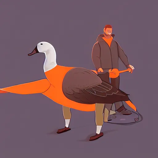 Image similar to goose being zipped - up by man in orange shirt, artstation