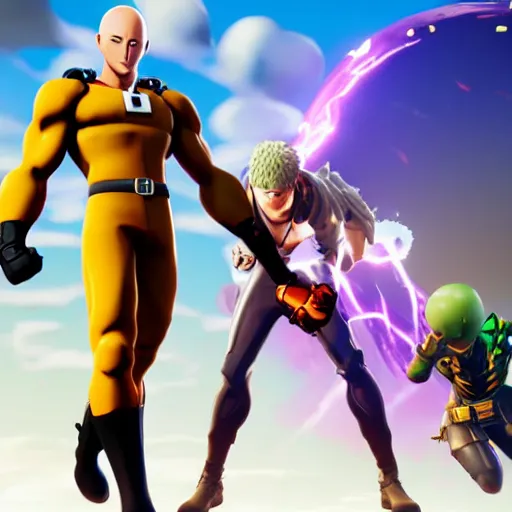 Image similar to one punch man in fortnite, character render, full body shot, highly detailed, in game render