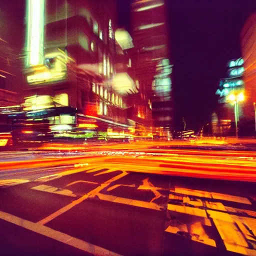 Image similar to kodak portra, overexposed shot of manhattan street, buzzing, motion blur, night, city lights, f 8, iso 8 0 0, grainy