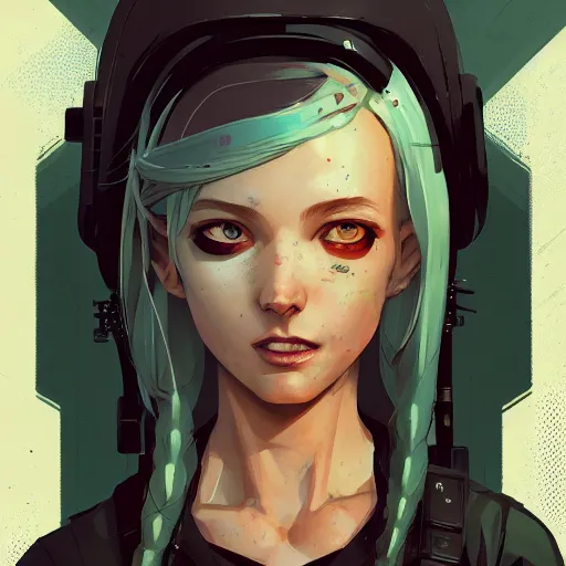 Prompt: Highly detailed portrait of a cyberpunk young lady with, freckles and blonde hair by Atey Ghailan, by Loish, by Bryan Lee O'Malley, by Cliff Chiang, by Greg Rutkowski, inspired by image comics, inspired by graphic novel cover art, inspired by nier!! Gradient color scheme ((grafitti tag brick wall background)), trending on artstation