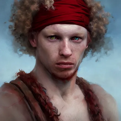 Prompt: very detailed portrait photo photo of an pale albino albino albino african pirate with red headband and curly curly hair, featured in artstation, photo art by Greg Rutkowski, WLOP, Dan Mumford, Christophe Vacher