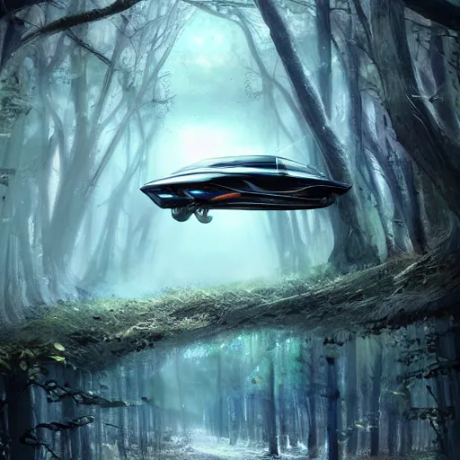 Image similar to flying car in futuristic spiritual mystical post apocalyptic forest, beautiful, crisp, artstation, highly detailed