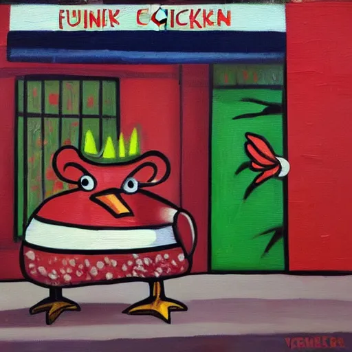 Image similar to the funky chicken gets thrown out of a bar. oil painting in the style of vermeers