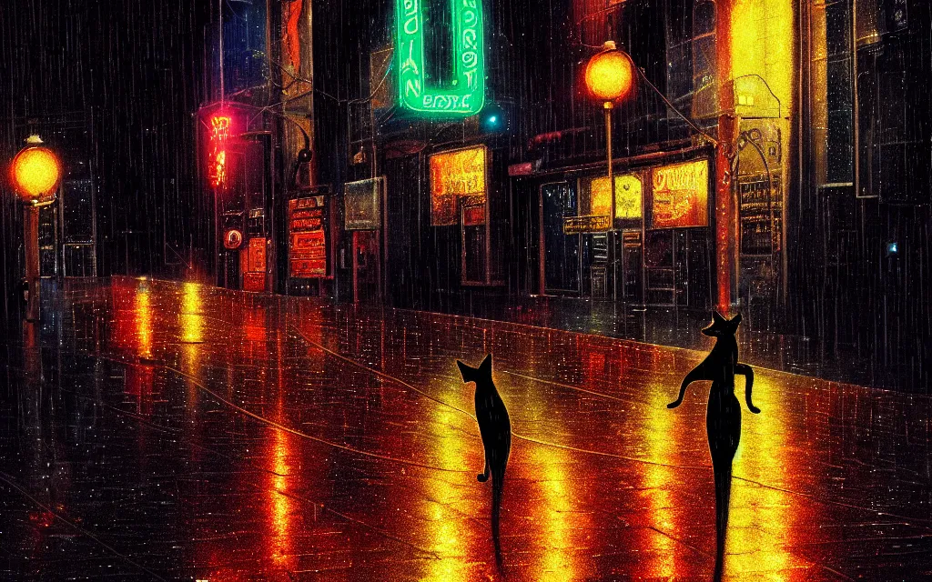 Image similar to black cat running through heavy rain in an emprty neon lit street at night by wlop, ultra detailed color art, high detail, digital art