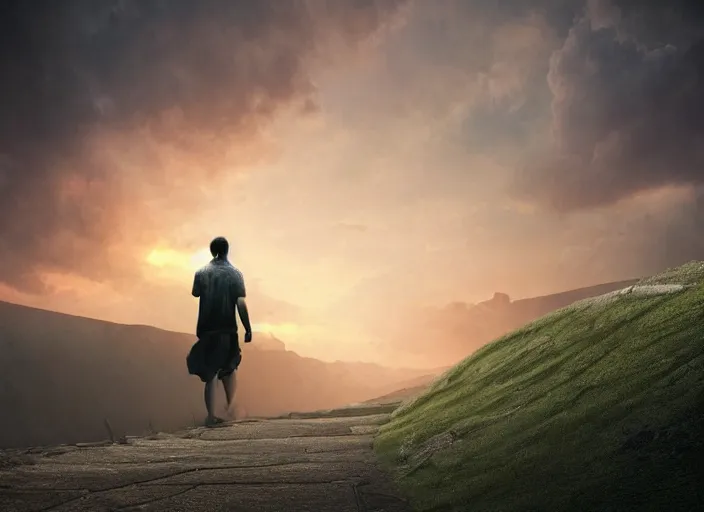 Image similar to a man walking in the middle of two giant walls at sunset, dreamy, matte painting, fancy lighting, complementary colours, high quality, highly detailed, godrays, calm, relaxing, beautiful landscape, serene landscape, low contrast, concept art, trending on DeviantArt