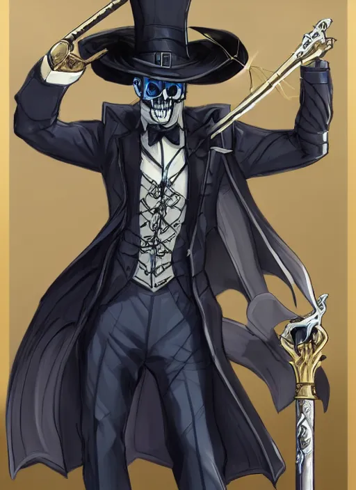 Image similar to DND character art, skeletal male figure, wearing a deep black suit!!! and tie and top hat, holding a gold! cane!, blue flames in background, blue flames