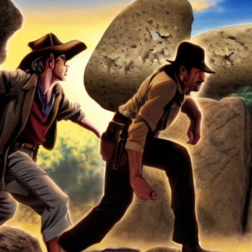 Image similar to Indiana Jones being chased by a boulder trap, boulder chase, underground sandstone temple background, giant round stone chasing Indiana Jones, raiders of the lost ark, detailed background, anime key visual