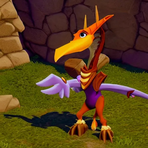 Image similar to screenshot of a griffin bard as an npc in spyro the dragon video game, with playstation 1 graphics, activision blizzard, upscaled to high resolution