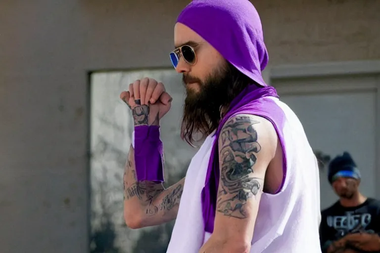 Image similar to medium full shot of jared leto as a white gang member wearing a purple head covering made from a polyester or nylon material and a white tank top sliding on a opp in the new movie directed by ice cube, movie still frame, arms covered in gang tattoo, promotional image, critically condemned, top 1 5 worst movie ever imdb list, public condemned, relentlessly detailed