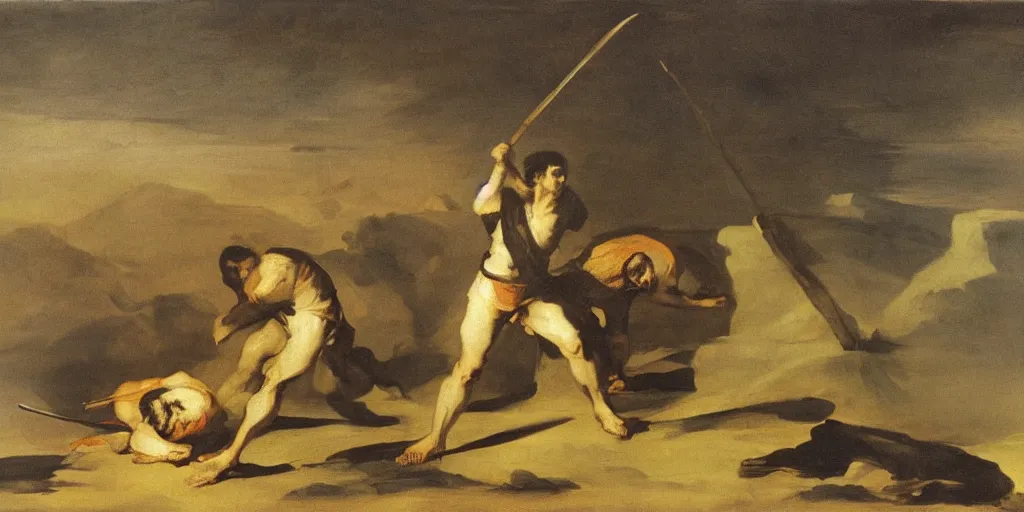 Image similar to a man with a spear kills his brother by francisco goya, detailed mythological painting, oil painting