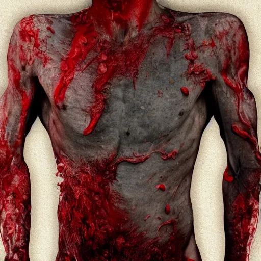 Image similar to ultra detailed photo of a man with many bloody arms covering his entire body