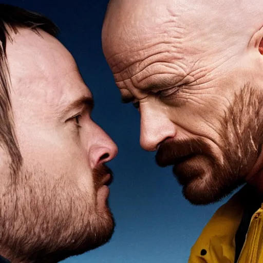 Prompt: walter white kissing jesse pinkman on the lips, hd still from the show breaking bad