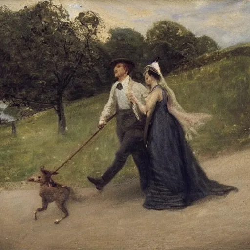 Prompt: young lady and gentleman fleeing the catacombs, by alfred stevens