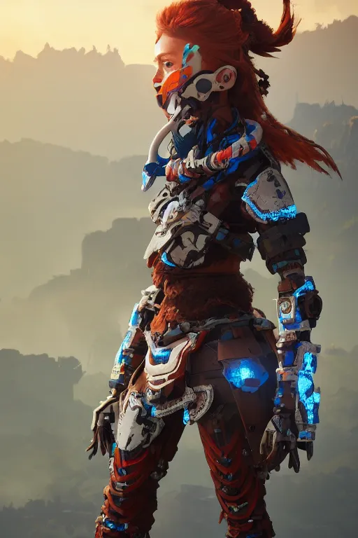 Image similar to combination suit armor aloy horizon forbidden west horizon zero dawn robot ninja mask helmet backpack tribal, aesthetic octane render, 8 k hd resolution, by ilya kuvshinov and cushart krentz and gilleard james radiating a glowing aura cgi rtx 2 0 2 2