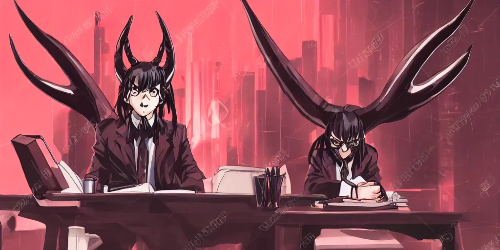 Image similar to dark lord sitting at desk large horns and suit, medium shot, portrait, semi realistic anime, red demon cyberpunk symbols