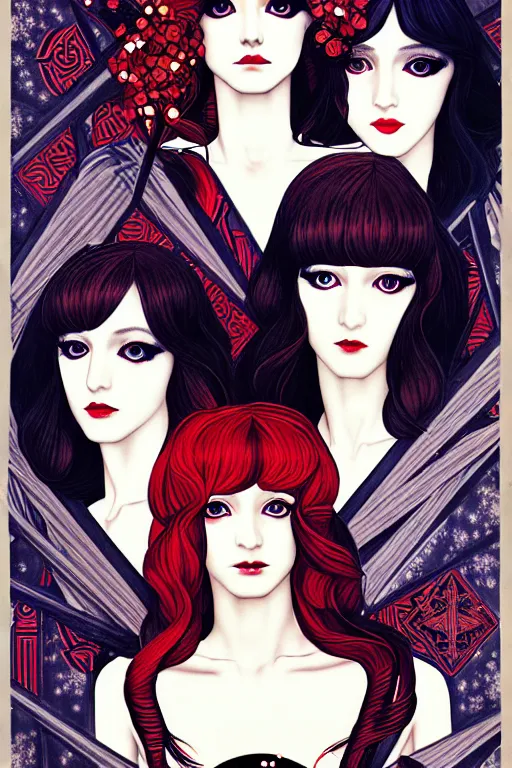 Prompt: triad of muses, representing the 3 winter months of december, january and february, style mix of æon flux, shepard fairey, botticelli, john singer sargent, pre - raphaelites, shoujo manga, harajuku fashion, stark landscape, muted dark colors, superfine inklines, ethereal, 4 k photorealistic