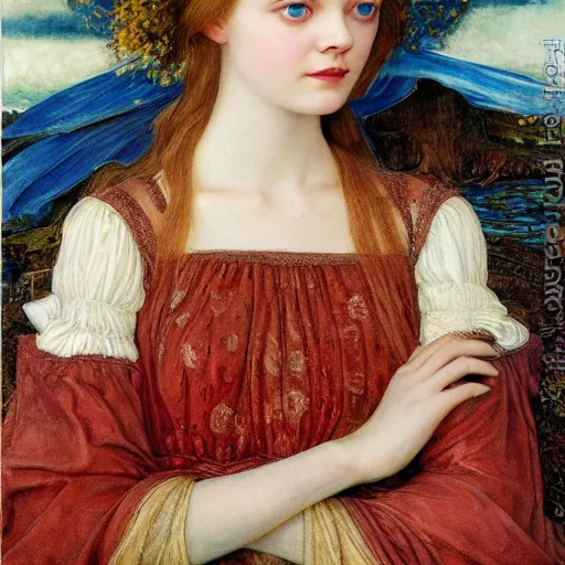 Image similar to professional painting of Elle Fanning in the style of Eleanor Fortescue-Brickdale, head and shoulders portrait, symmetrical facial features, smooth, sharp focus, illustration, intricate, stormy weather, extremely detailed masterpiece,