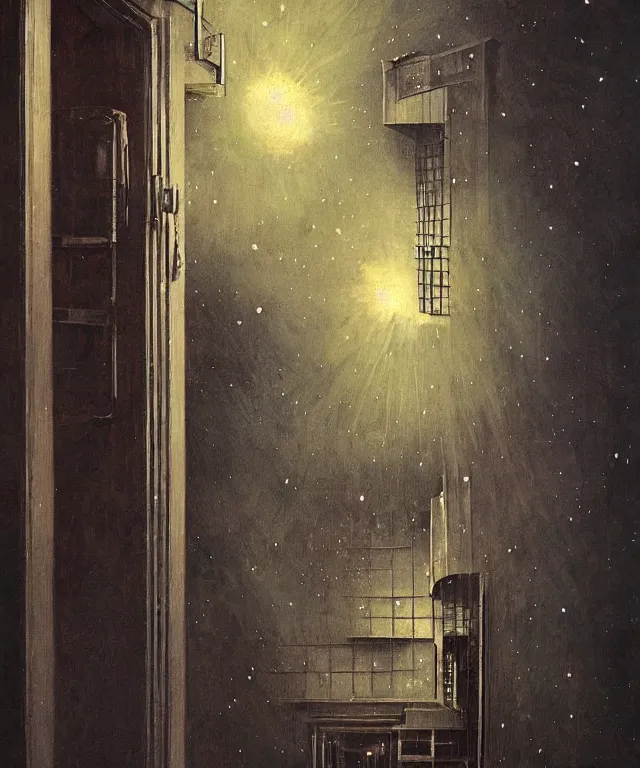 Image similar to horrifying full color photorealistic painting of a 1 9 2 5 hotel elevator opening up to a disorted view of the cosmos, dark, atmospheric, brooding, smooth, finely detailed, cinematic, epic, in the style of lee gibbons