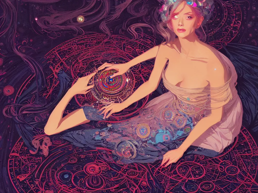 Image similar to high angle picture of a maximalist dress witch sitting on the floor and researching about the azathoth, extremely beautiful and aesthetic and detailed cute face, very huge magic circles on the hand, with familiar sprites, in the magic room, chiaroscuro, intricate, masterpiece, fantasy illustrations by ilya kuvshinov and jeremy lipking and quentin mabille