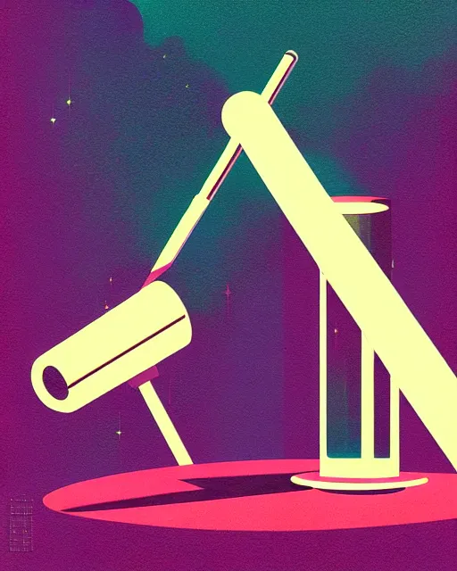 Image similar to editorial illustration scientific lab test tube telescope, colorful modern, mads berg, karolis strautniekas, christopher balaskas, fine texture, dynamic composition, detailed, matte print, dynamic perspective, halftone texture, muted color, lomography, risograph