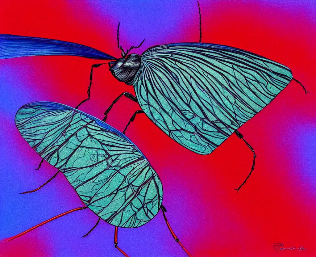 Image similar to beautiful matte airbrush of a fantasy bug insect wing on a white background, inspired by 8 0's airbrush illustrations, purple red and blue color palette, art by pater sato