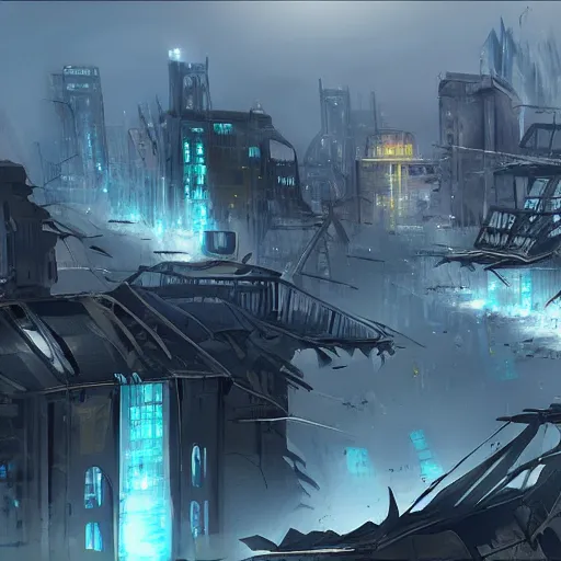 Prompt: damaged city, high - tech, concept art