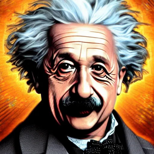 Image similar to [UHD Albert Einstein as a GTA character on the streets of futuristic laserpunk Dallas, correct face, intricate facial details, symmetrical face, elegant, graphic detail, digital painting, trending on artstation, concept art, tonalism, sharp focus, illustration, art by Akira Toriyama and Greg Rutkowski and Alphonse Mucha]