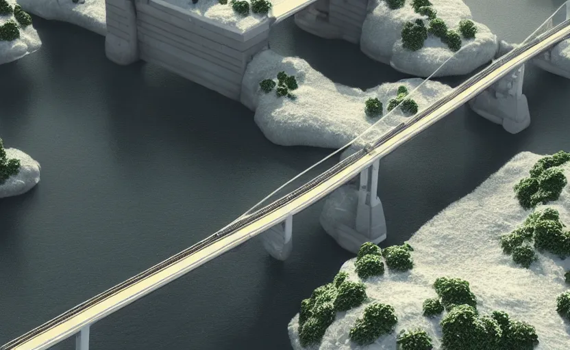 Prompt: a big beautiful bridge collapses after explosions in the form of white cotton plants, 3 d octane render, epic lighting, 8 k, by goro fujita