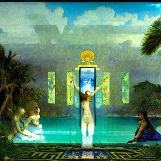 Image similar to The maze, refracted sparkles, thunderstorm, greek pool, beach and Tropical vegetation on the background major arcana sky, by paul delaroche, alphonse mucha and arnold böcklin, hyperrealistic symmetrical 8k, award-winning, very very very detailed