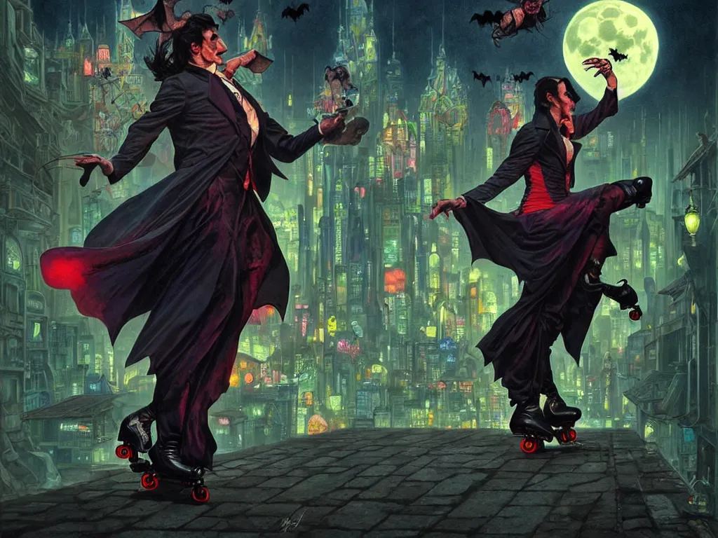 Image similar to dracula dancing on roller skates surrounded by bats and a full moon in the style of american traditional tattoo, neon, cyberpunk, stunning, highly detailed, digital painting, smooth, soft focus, digital art from artstation by artgerm and greg rutkowski and alphonse mucha