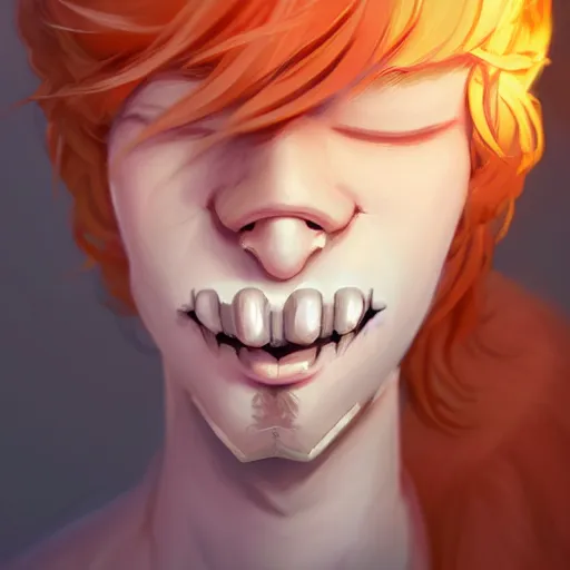 Image similar to a portrait of the happy mask salesman, human, ginger hair, art by lois van baarle and loish and ross tran and rossdraws and sam yang and samdoesarts and artgerm and saruei and wlop, digital art, highly detailed, intricate, sharp focus, trending on artstation hq, deviantart, unreal engine 5, 4 k uhd image
