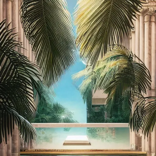 Image similar to indoor liminal space, golden light, greg rutkowski, marble, palm trees, pink door, minimalistic, hyperrealistic surrealism, award winning masterpiece with incredible details, epic stunning, infinity pool mirrors, a surreal vaporwave liminal space with mirrors, highly detailed, trending on artstation, artgerm and greg rutkowski and alphonse mucha, daily deviation