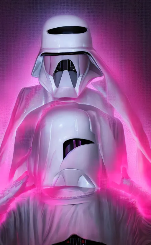 Image similar to white darth vader synth wave retro wave vapor wave white and pink lighting and clothes and tech cyberpunk style ultra realistic high quality highly detailed 8 k