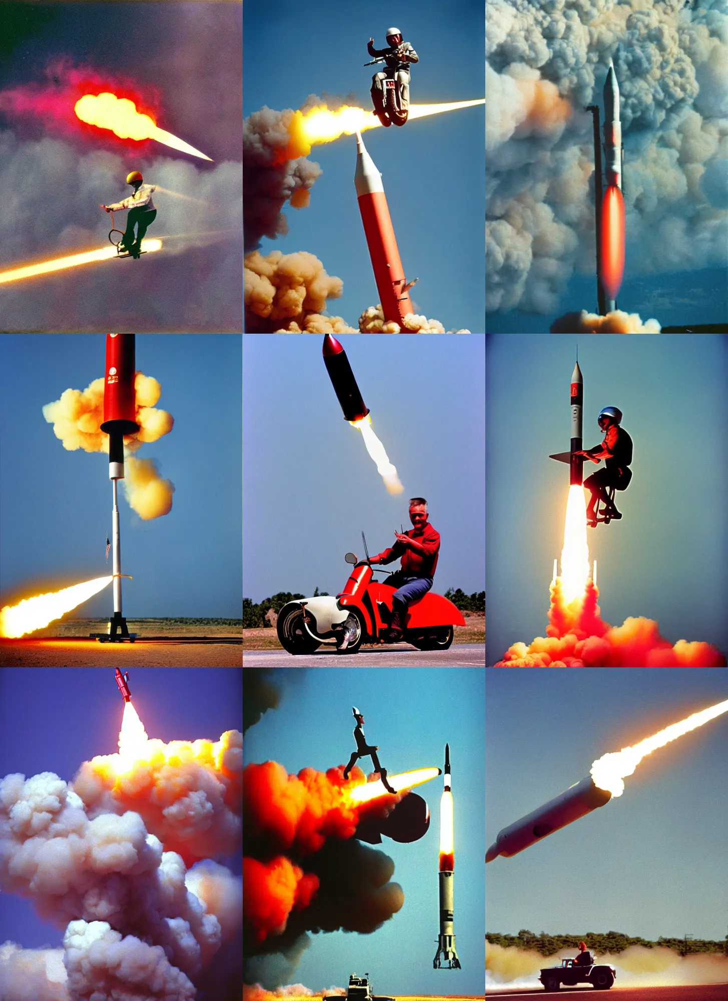 Prompt: a person riding a missile ; 9 0's professional color photograph