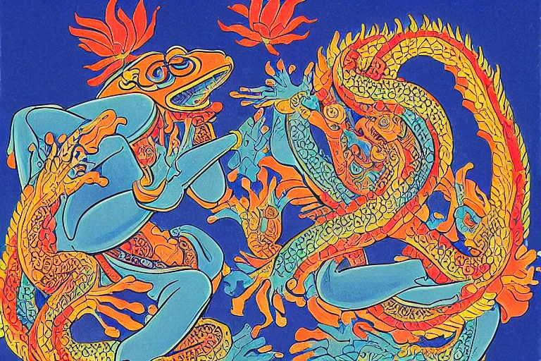 Prompt: buddhist art style illustration of a blue frog with 4 hands, flames, water, flowers, dragons, skeletons