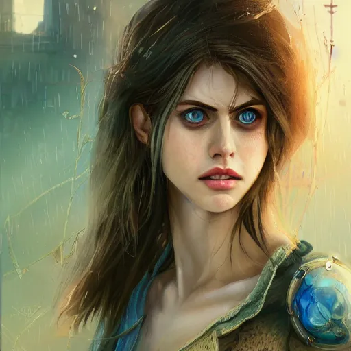 Prompt: manga portrait of Alexandra Daddario in a post apocalyptic world, anime, bright blue eyes, overgrown city, fantasy, high detail, elegant, digital painting, natural light, vibrant, intricate, textured skin, highly detailed, artstation, sharp, focus, illustration, by Anna Dittmann, Ilya Kuvshinov, Nikolay Makovsky