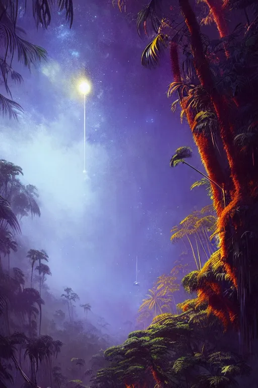 Prompt: a tropical forest suspended in space, meteor shower, tone mapped, shiny, intricate, cinematic lighting, highly detailed, digital painting, artstation, concept art, smooth, sharp focus, illustration, art by arthur haas and bruce pennington and john schoenherr