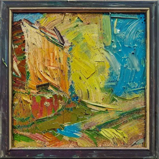 Image similar to oil paint impasto relief, the essence of summer, multi layered thick brush marks, some splattered paint, in the style of ivan shishkin and frank auerbach and van gogh