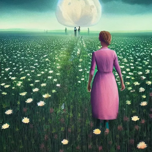 Image similar to giant daisy flower as a head, girl walking in flower field, surreal photography, moon light, dark night, dramatic, impressionist painting, clouds, digital painting, artstation, simon stalenhag