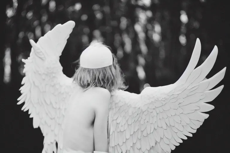 Prompt: photo of a pure white angel subjugated to hate, One of the wings is black, taken with Leica M11 and NOCTILUX 50mm F4.0, Paradium Platinum printed on paper