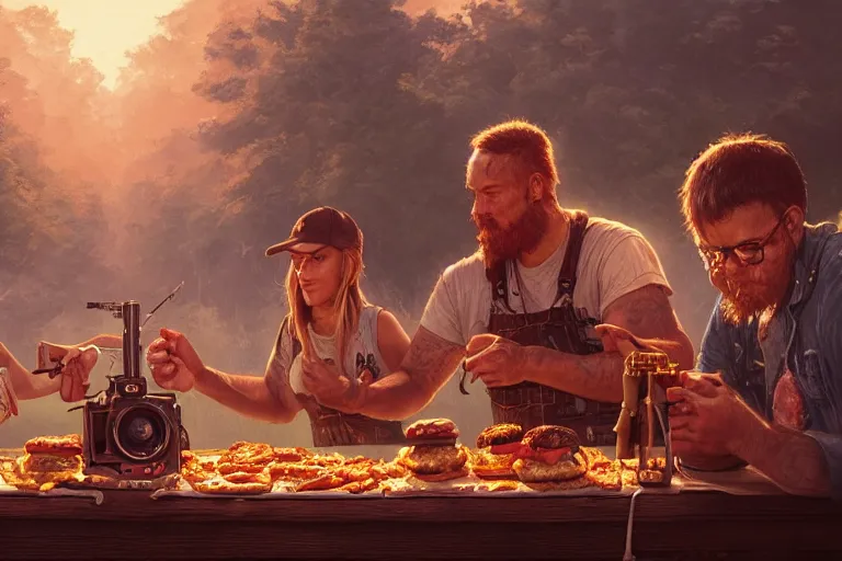 Image similar to detailed intricate digital illustration by greg rutkowski and artgerm and wlop and sanford robinson gifford ; redneck hillbilly hick at a cheeseburger restaurant ; 1 3 mm film, arri alfa anamorphic lens ; sharp focus ; golden hour, trending on artstation 8 k