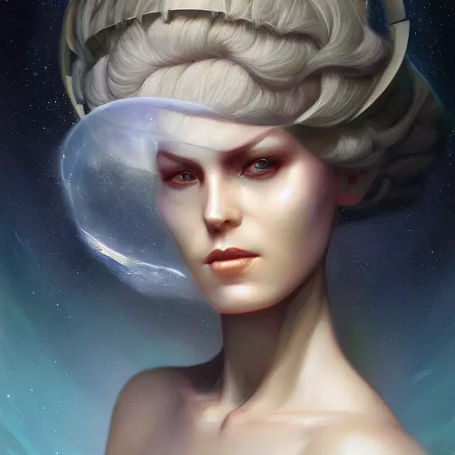 Prompt: a beautiful portrait of a creator goddess by Jim Burns and Tom Bagshaw, Trending on Artstation, nebula background